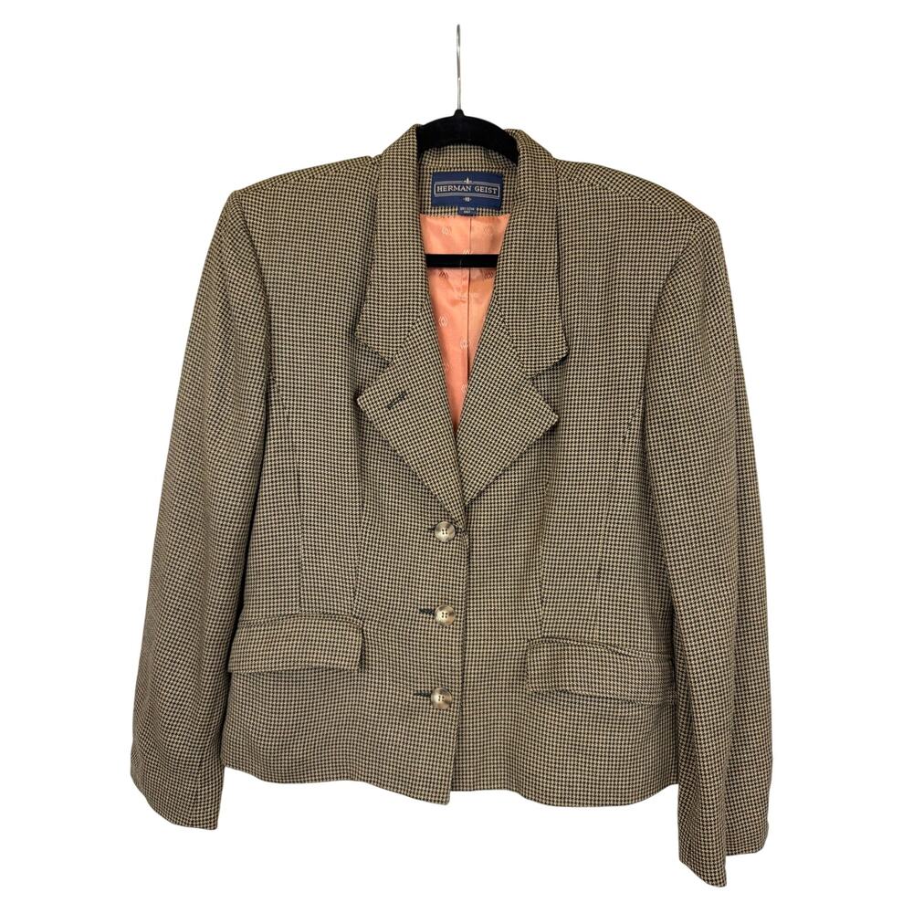 Vintage Herman Geist Tweed Blazer Brown Tan Houndstooth 3 Button Wool Look 10